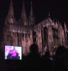 "1977" projected on the roof of the Museum Ludwig, Cologne. The Cathedral in the background. 2001.